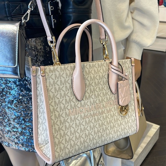 Michael Kors Mirella Small Shopper Top Zip Crossbody Bag Powder Blush Multi Logo - Picture 14 of 16